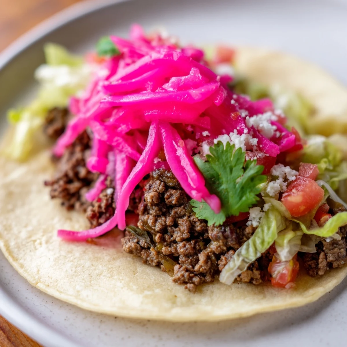 Juicy seasoned ground beef nestled in warm corn tortillas, topped with vibrant pickled onions and crumbled cotija cheese.