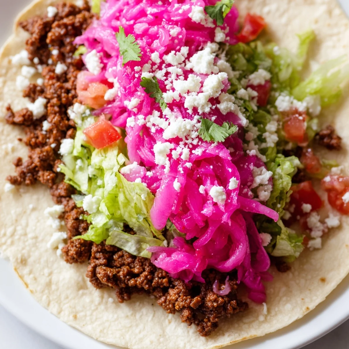 Golden brown beef filling simmered with cumin and paprika, piled high with crisp lettuce and fresh tomato cubes.