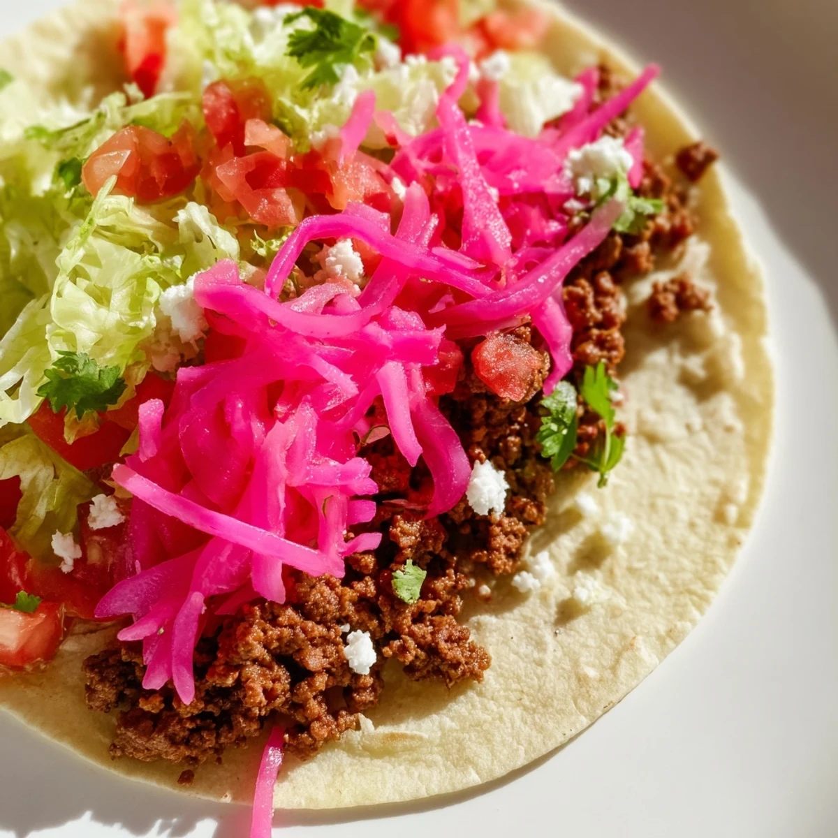 Spicy beef tacos garnished with tangy pickled red onions, fresh cilantro, and lime wedges for a bright finish.