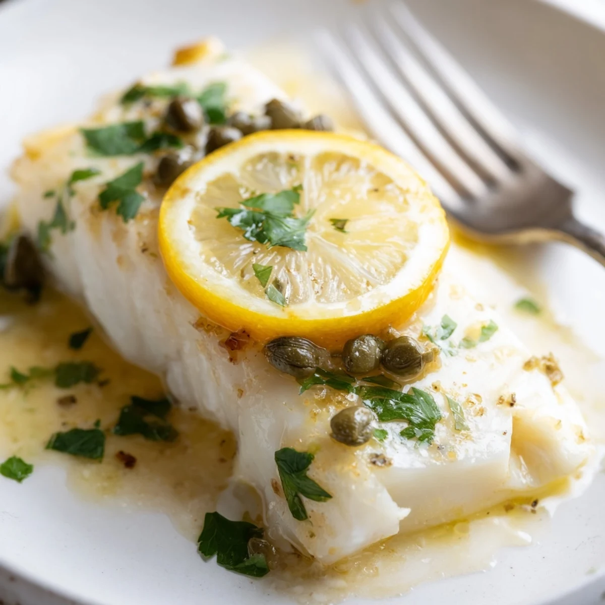 Baked Halibut with Lemon Capers flaky fillets in a zesty pan sauce, garnished with fresh parsley and lemon slices, served on a white plate.