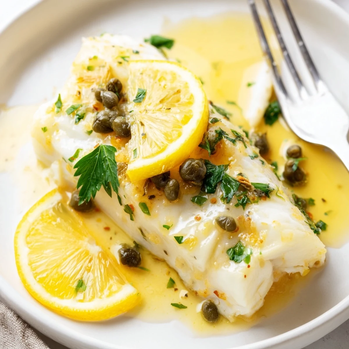 Golden Baked Halibut with Lemon Capers topped with buttery capers and bright lemon, plated elegantly for a light gluten-free weeknight dinner.