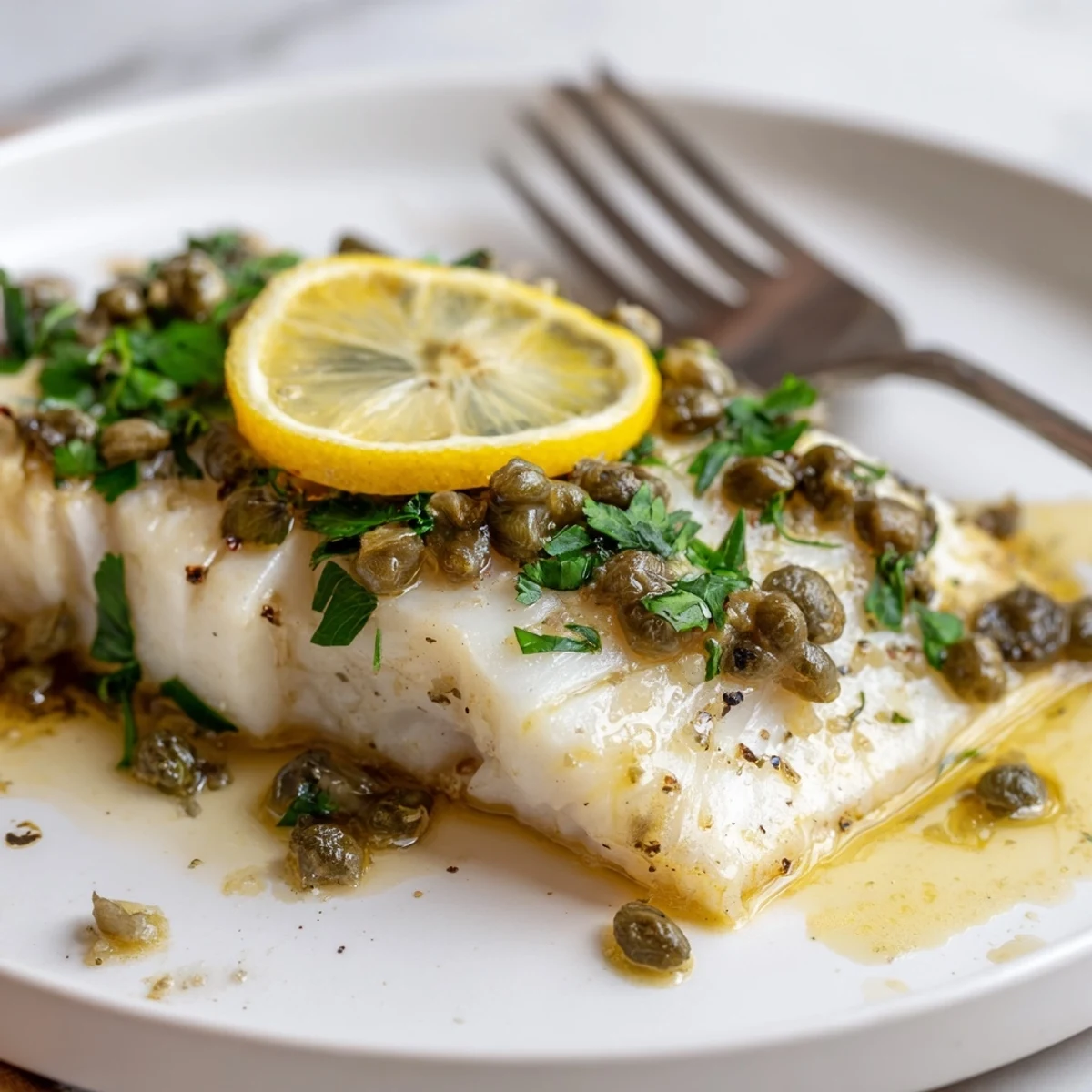 A fork gently lifts a tender piece of Baked Halibut with Lemon Capers, showing the juicy interior next to roasted asparagus on a rustic table.