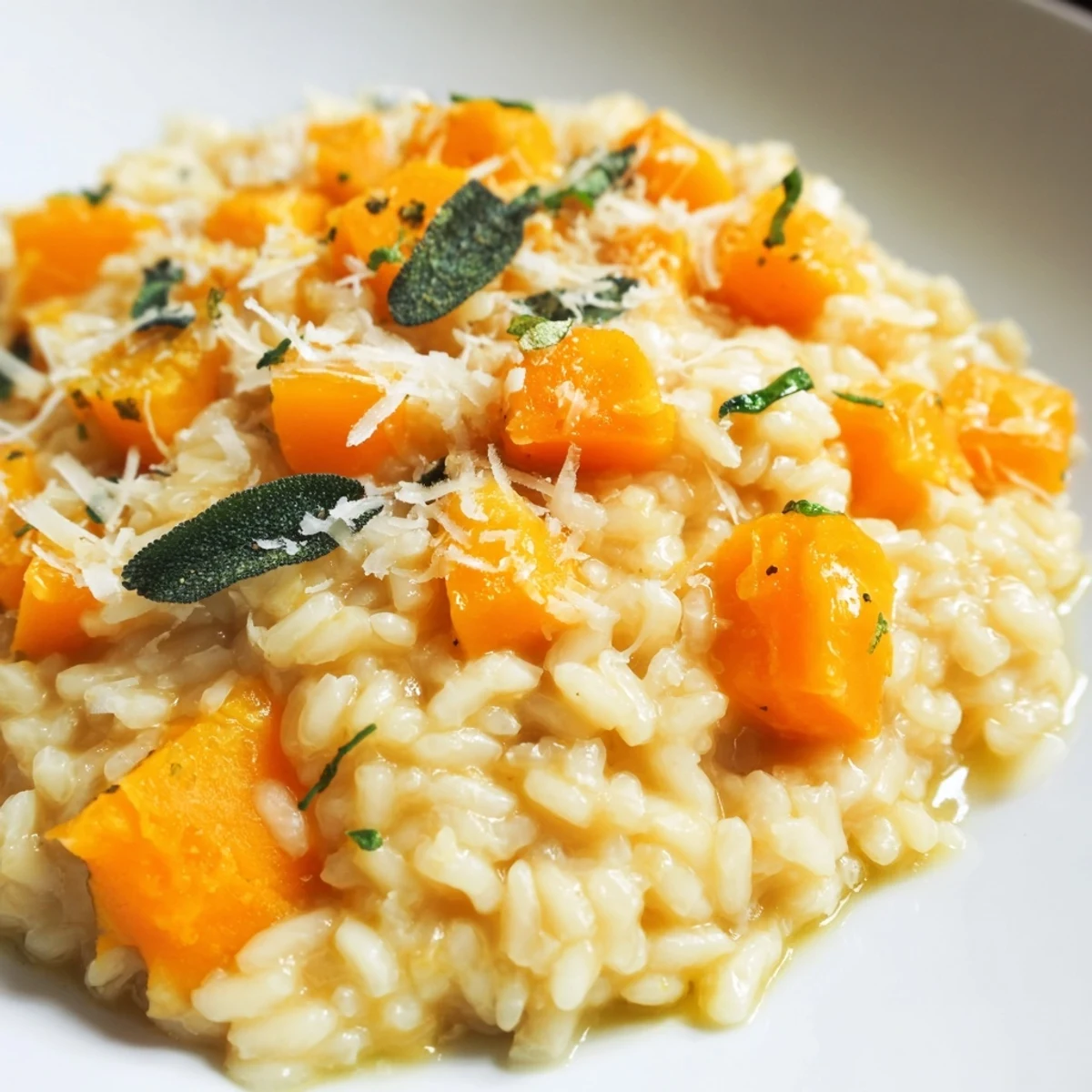 Creamy Roasted Butternut Squash Risotto topped with fresh sage and Parmesan in a rustic bowl.