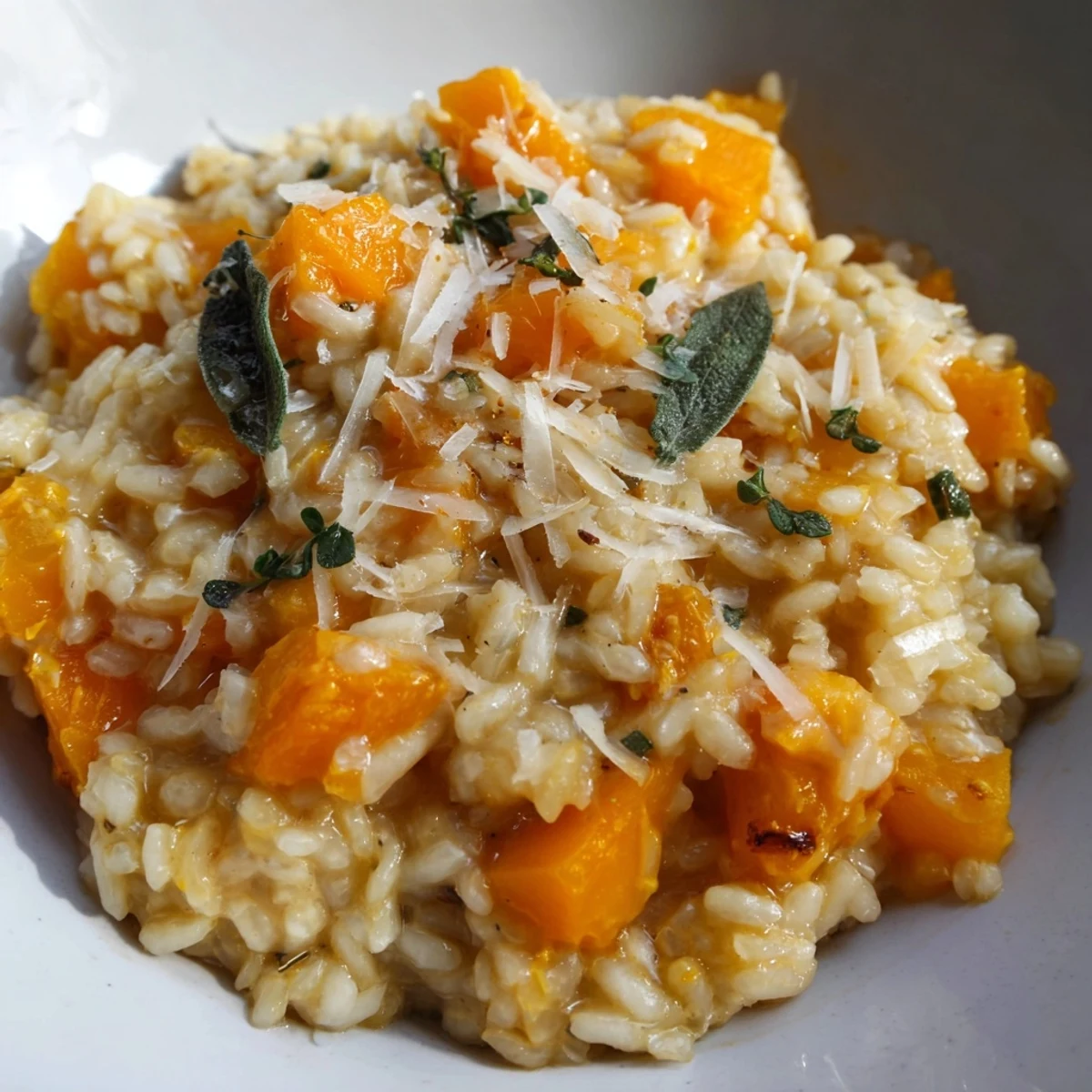Hearty Roasted Butternut Squash Risotto served in a skillet with white wine and a wooden spoon.