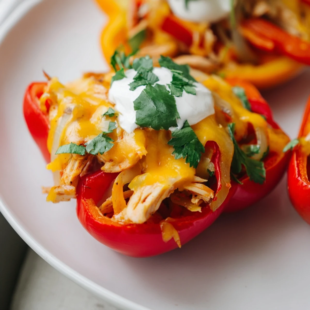 Golden-brown Chicken Fajita Stuffed Peppers filled with sautéed onions and peppers, topped with melted Monterey Jack cheese.