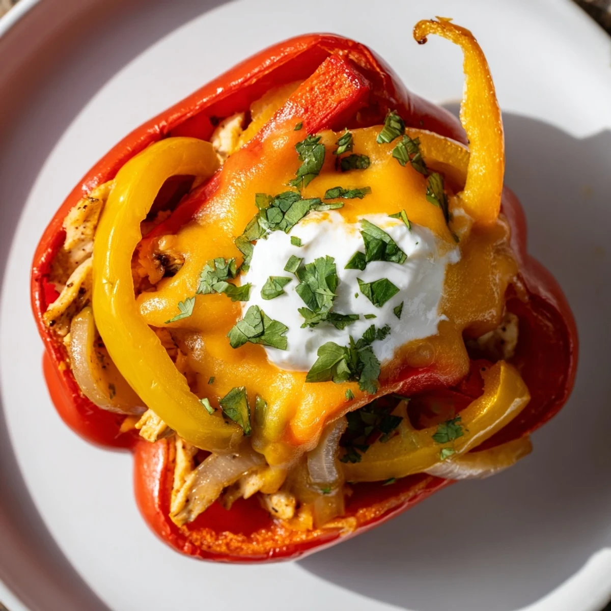 Roasted bell peppers overflowing with fajita-seasoned chicken, fresh veggies, and spices, served hot on a white plate.