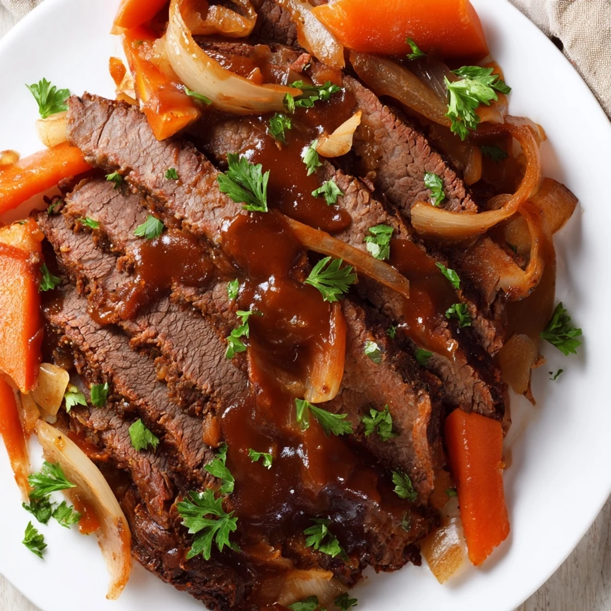 Tender beef brisket resting on a bed of aromatic vegetables, drizzled with savory sauce in a slow cooker.