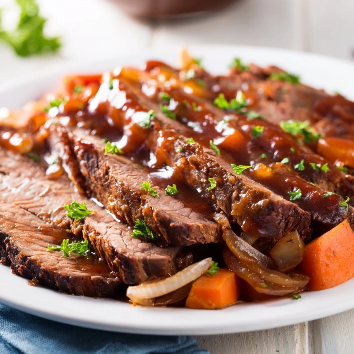 Golden-brown beef brisket sliced thick, garnished with fresh parsley, ready to serve for a comforting family dinner.