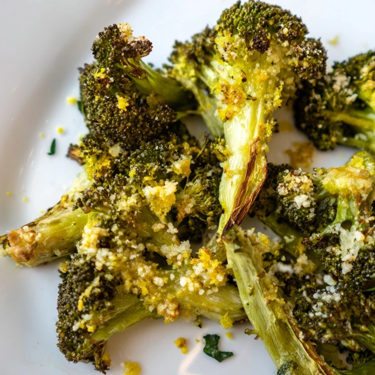 A close-up of Lemon Garlic Roasted Broccoli tossed with lemon zest and optional Parmesan cheese.