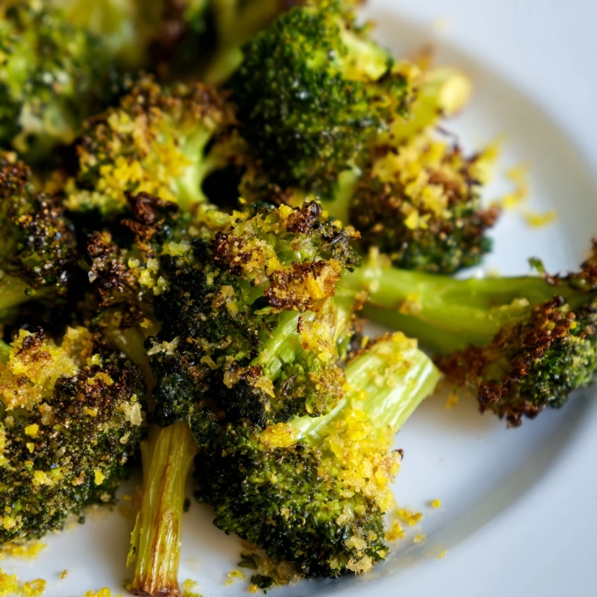 Golden Lemon Garlic Roasted Broccoli florets with crispy edges and fresh parsley on a white plate.