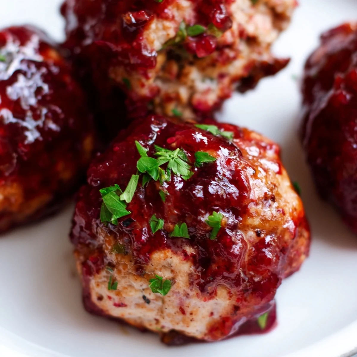 Glazed turkey meatballs are arranged on a rustic platter with cranberries and fresh thyme sprigs.