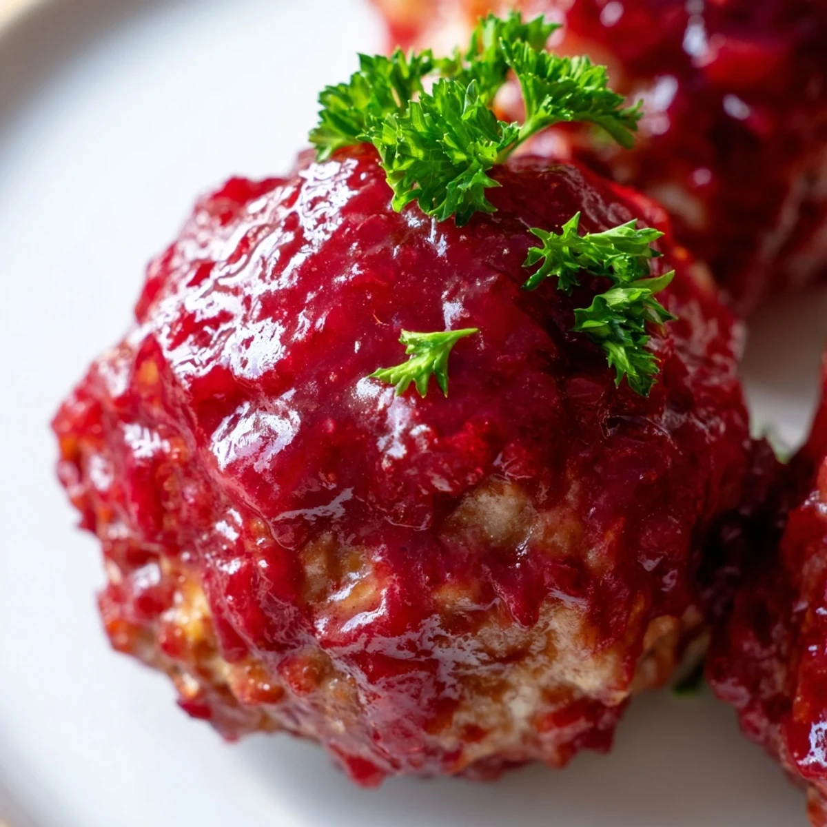 Golden-baked turkey meatballs with cranberry glaze are served over creamy mashed potatoes with fresh parsley.