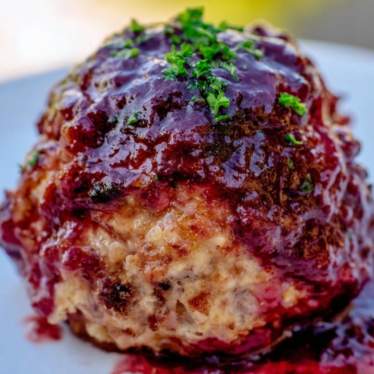 Moist turkey meatballs with cranberry glaze are ready to serve with toothpicks for a party appetizer.