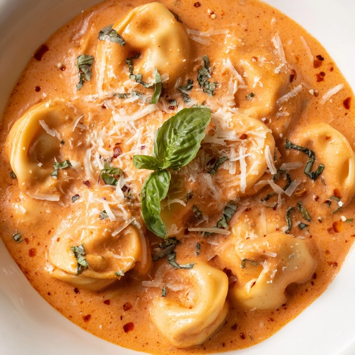 Close-up of Creamy Tomato Tortellini Soup with a swirl of cream and grated Parmesan, capturing a hearty Italian-American comfort food meal.