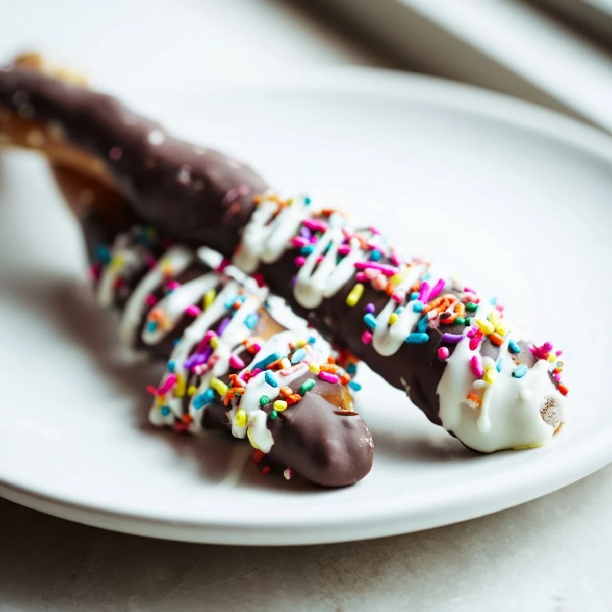 Close-up of Chocolate Covered Pretzel Rods with rich semisweet chocolate and colorful sprinkles on a parchment-lined tray.