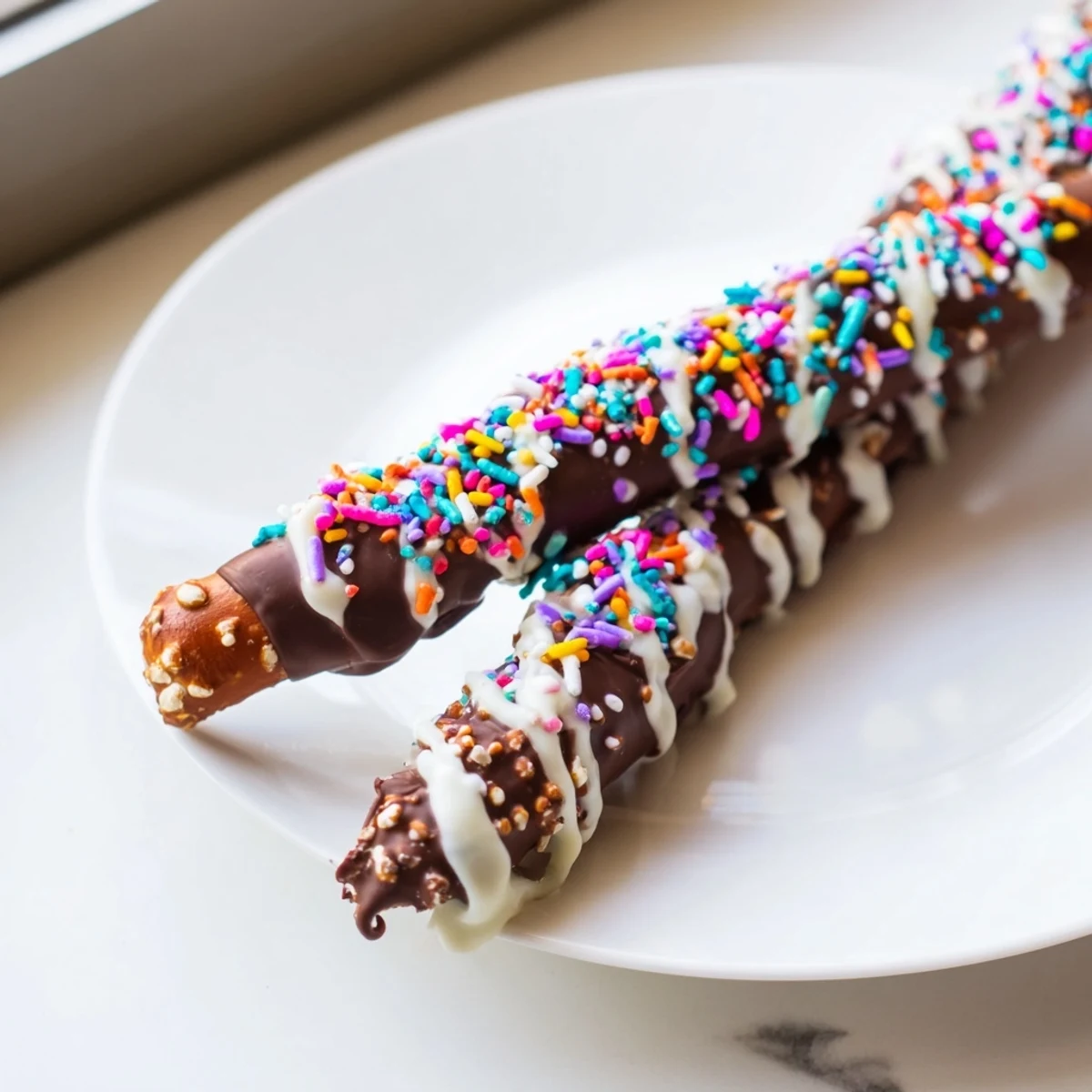 Chocolate Covered Pretzel Rods arranged on a platter with crushed nuts, perfect for party favors or holiday gifting.