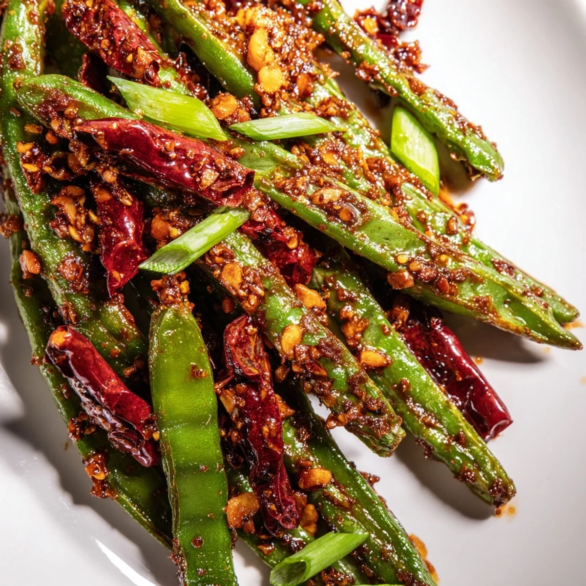 Freshly stir-fried Spicy Szechuan Green Beans glisten with chili oil and sesame seeds, piled high on a white plate ready to serve.