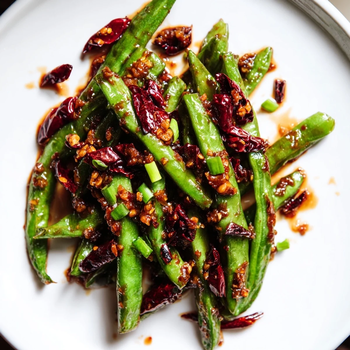 Blistered tender-crisp Spicy Szechuan Green Beans are tossed with minced garlic and ginger in a bold, fiery red sauce.