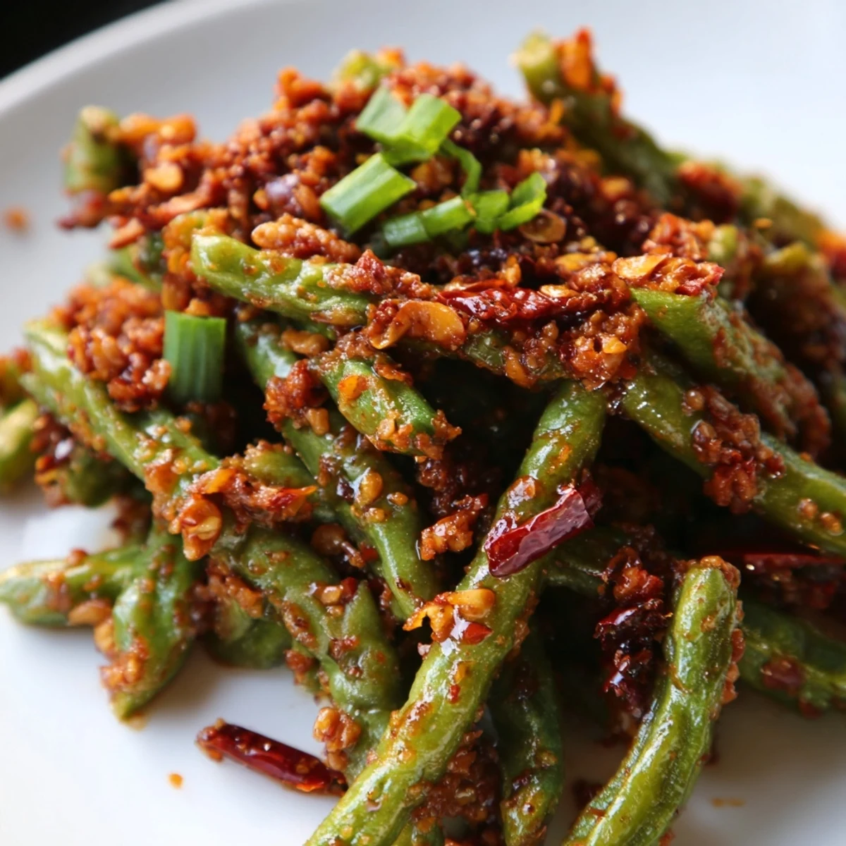 Family-style Spicy Szechuan Green Beans served alongside fluffy steamed jasmine rice and chopsticks on a wooden table for dinner.