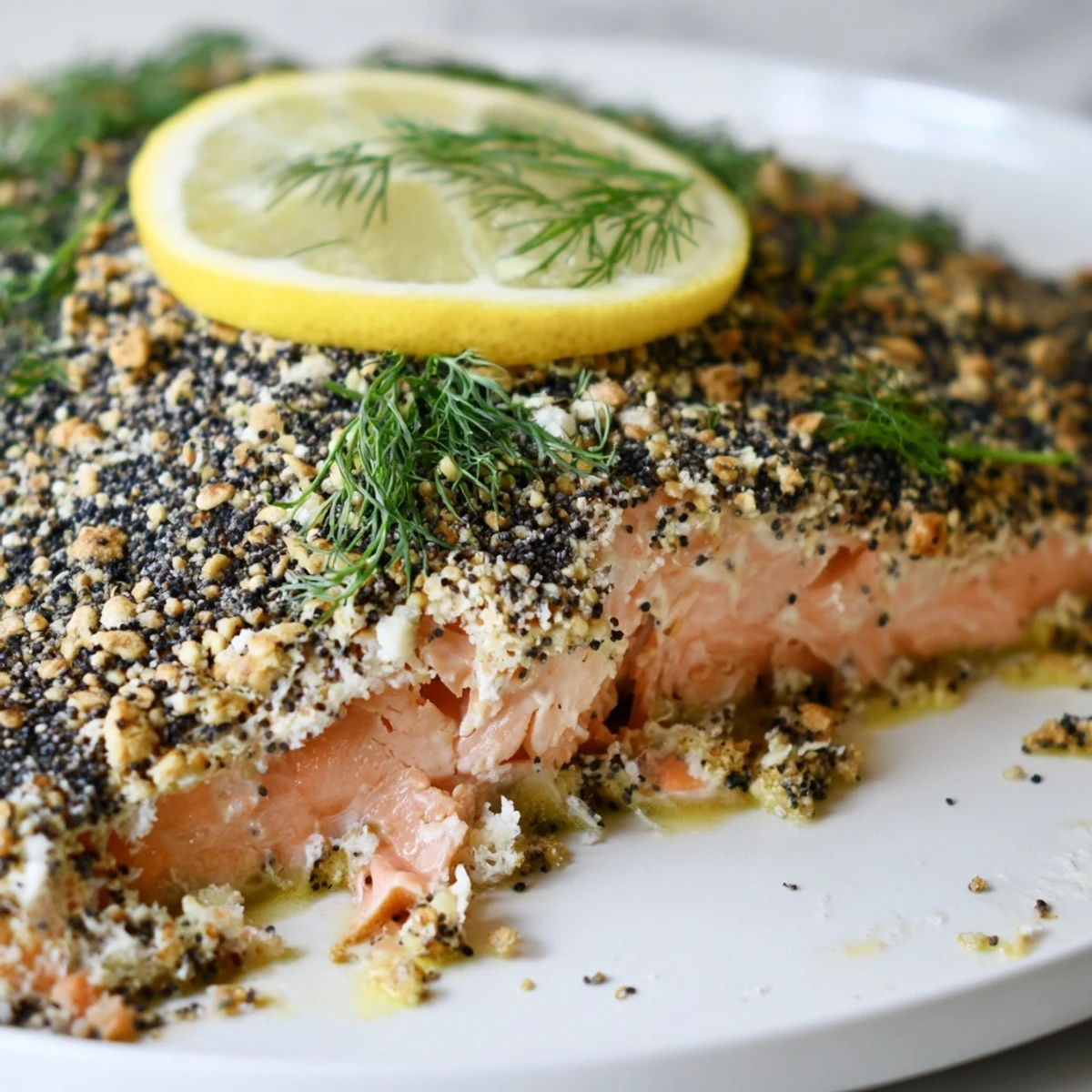 Golden-brown Baked Salmon with Everything Bagel Seasoning, topped with lemon and fresh dill on a baking sheet.