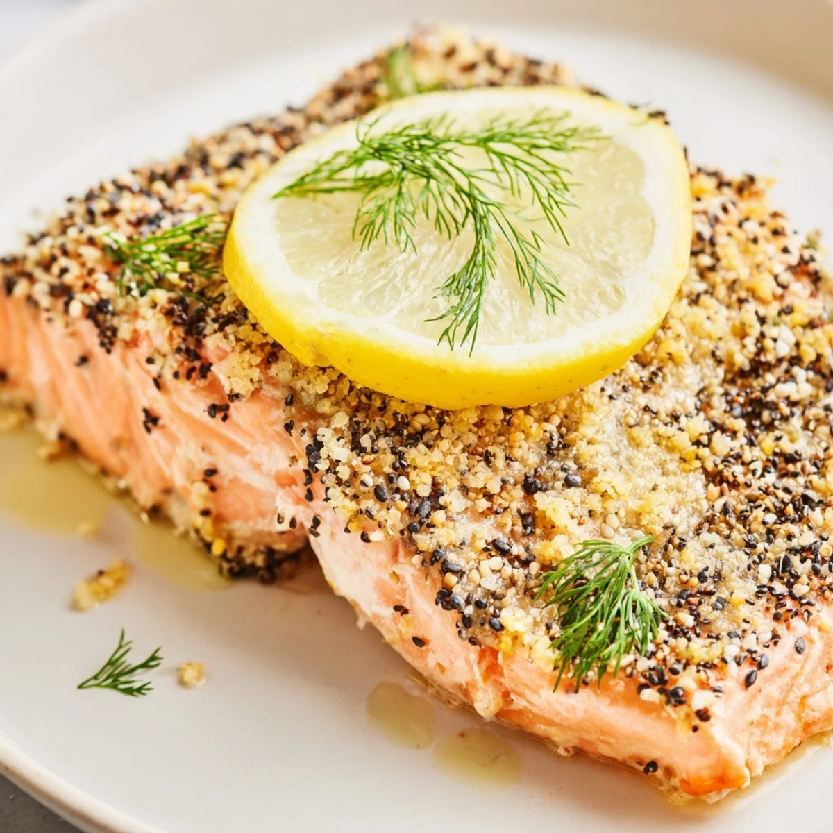 Tender fillets of Baked Salmon with Everything Bagel Seasoning flake easily, served hot with extra lemon wedges.