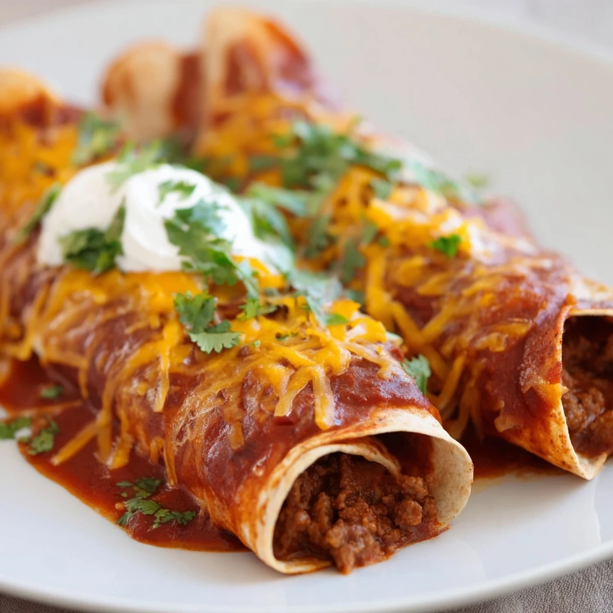 Baked Beef Enchiladas with Red Sauce on a plate, served with sour cream.