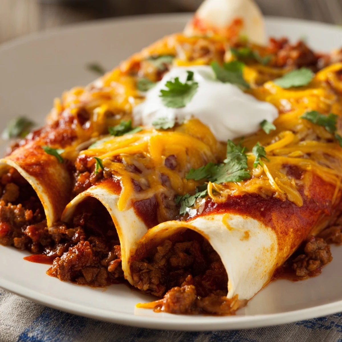 Golden Beef Enchiladas with Red Sauce, smothered in sauce and melted cheese.