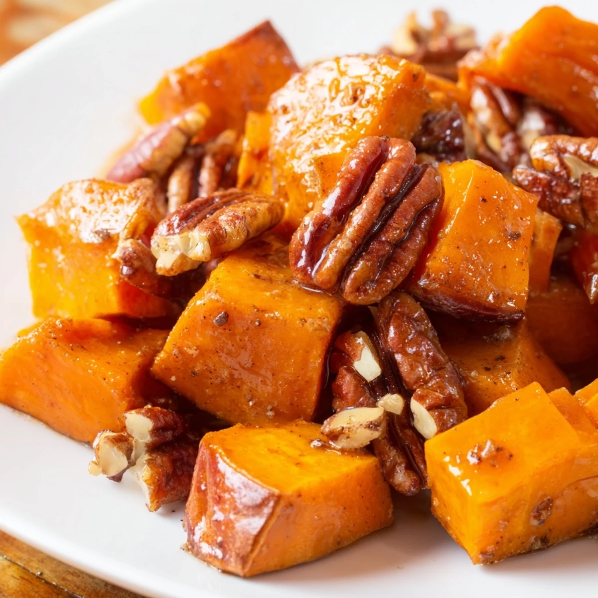 Freshly toasted pecans add crunch to golden roasted sweet potatoes with pecans, a warm gluten-free side dish.
