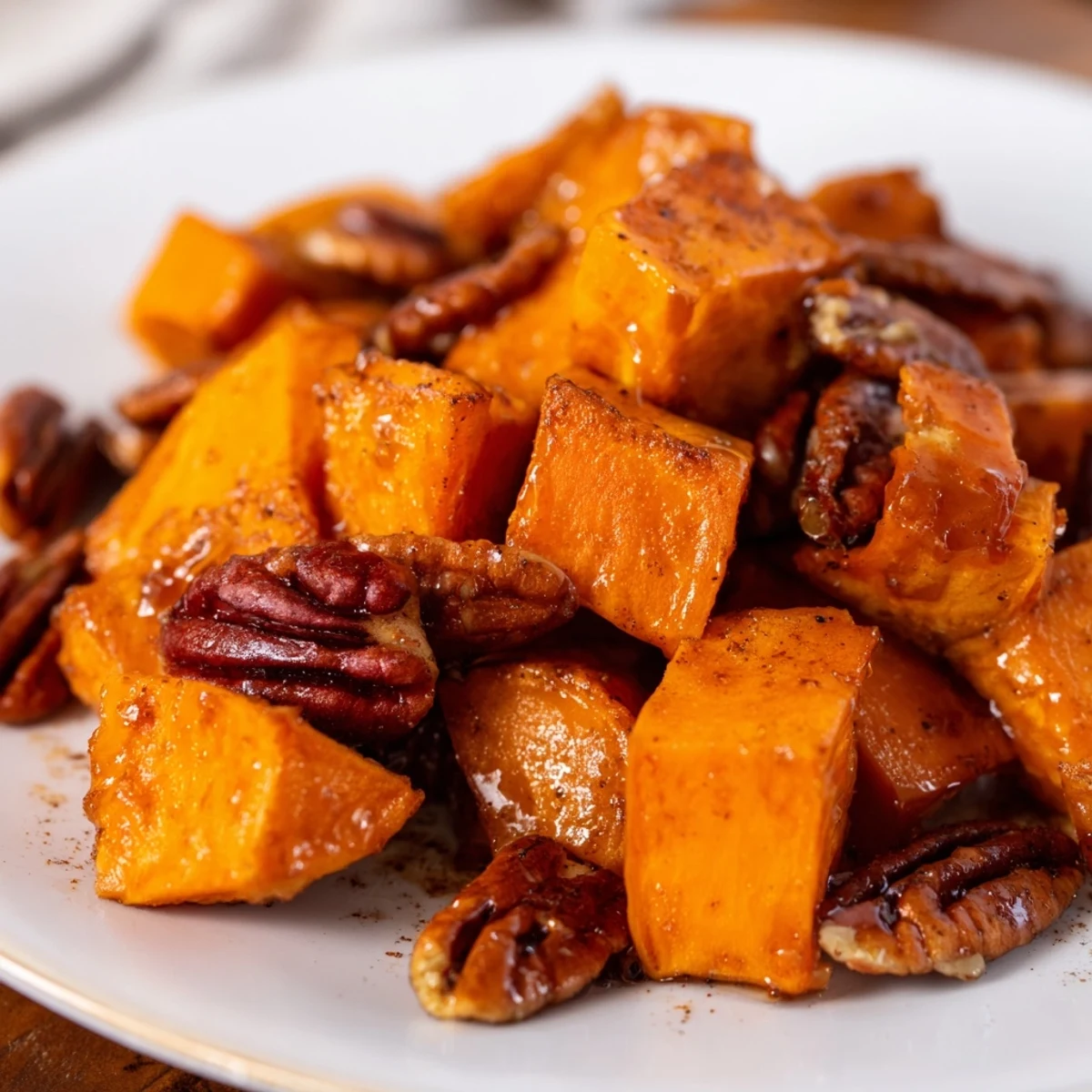 Perfectly caramelized roasted sweet potatoes with pecans on a rustic platter, ready to pair with roasted chicken.