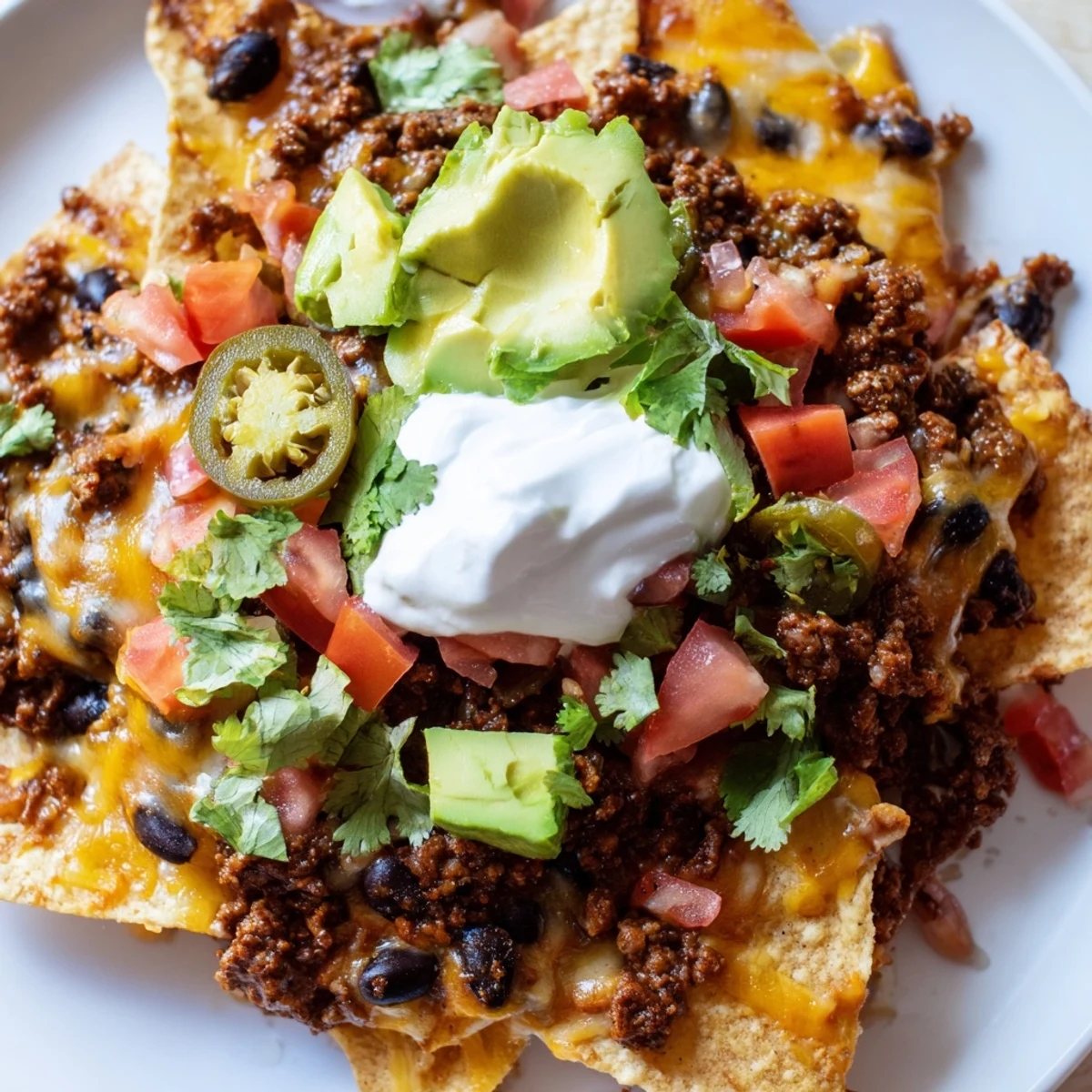 Hot Beef Nachos with Black Beans, melted cheddar and Monterey Jack cheese, topped with sour cream and fresh cilantro on a platter.