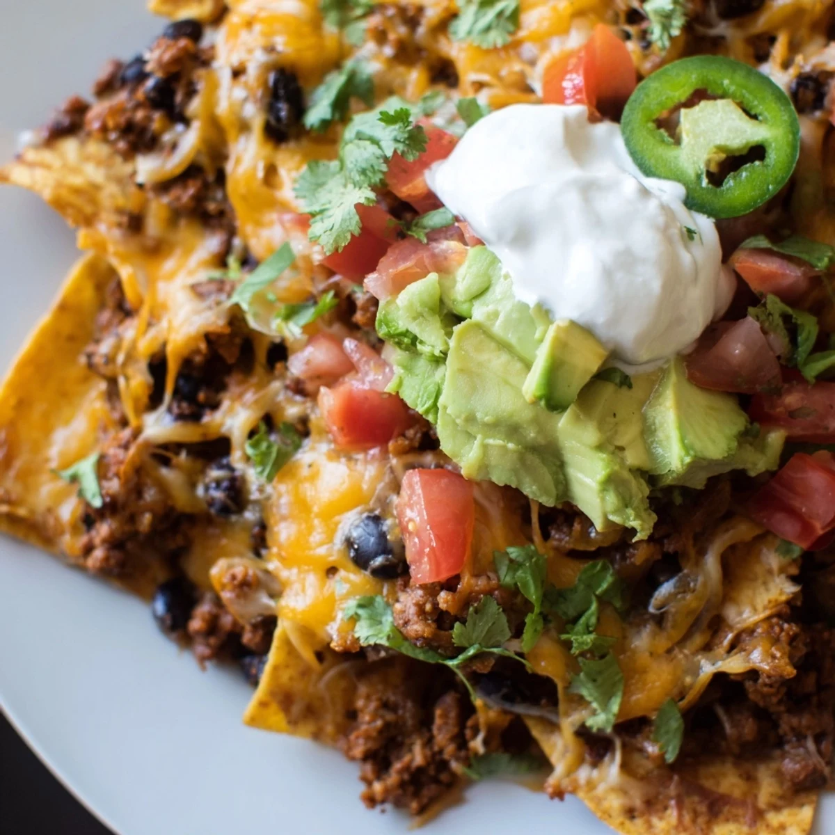 Hearty Beef Nachos with Black Beans piled high with spicy ground beef and creamy avocado, ready to serve with lime wedges for dipping.