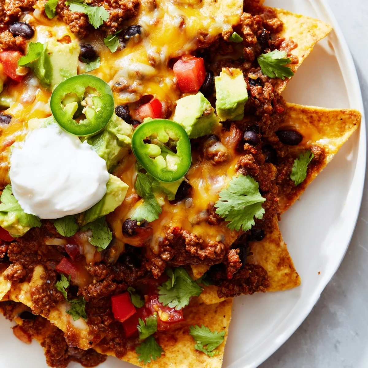 Golden Beef Nachos with Black beans baked with bubbly cheese, garnished with diced tomato, jalapeños, and red onion for a zesty crunch.