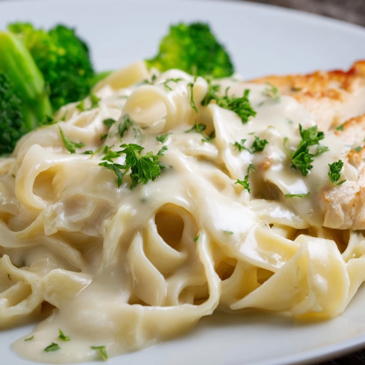 Freshly cooked Chicken Alfredo with broccoli tossed in rich sauce, steam rising from a hearty pasta dinner serving.