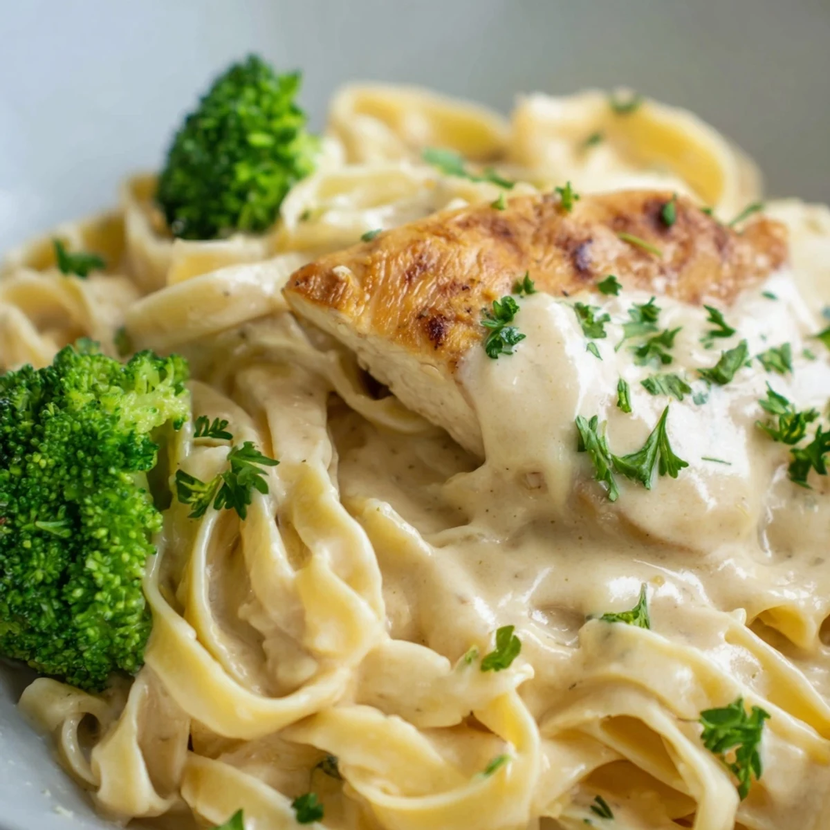 A generous bowl of Chicken Alfredo with broccoli, featuring sautéed chicken and Parmesan sauce for a comforting meal.