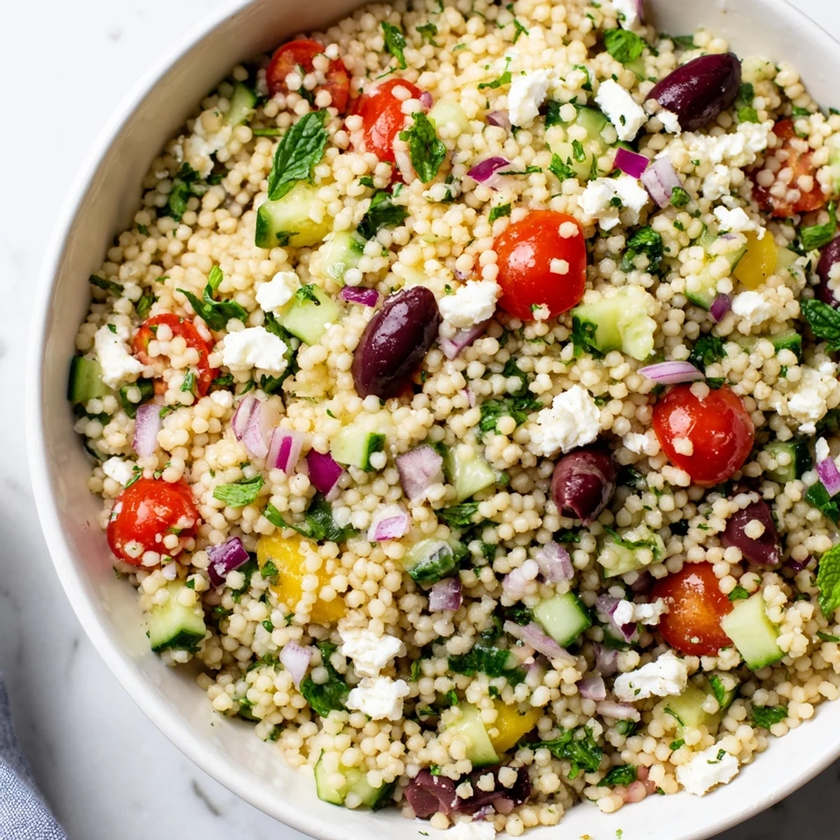 Mediterranean Couscous Salad with fluffy grains, cherry tomatoes, cucumber, feta, and Kalamata olives tossed in a zesty lemon dressing.