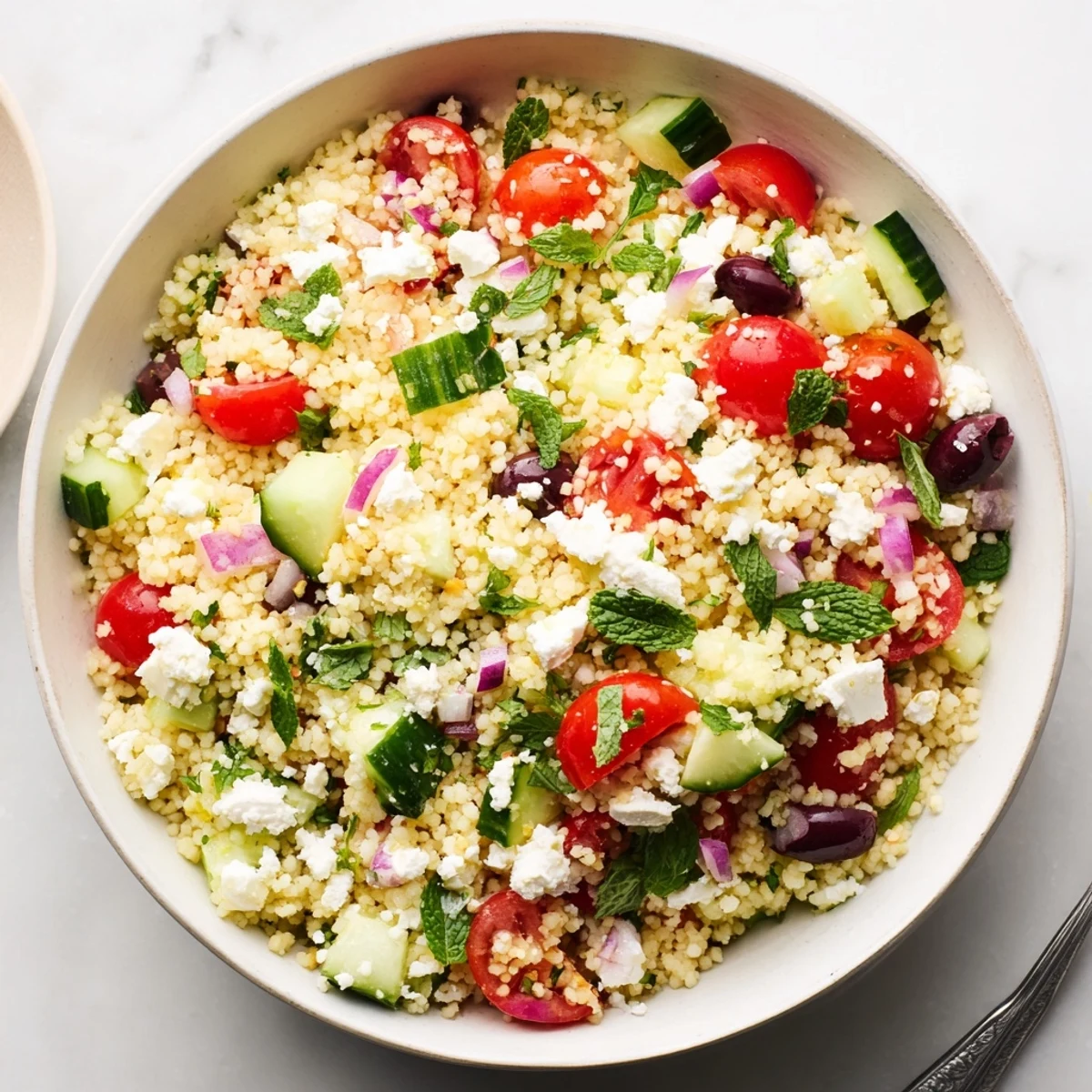 Colorful Mediterranean Couscous Salad garnished with fresh parsley and mint, drizzled with olive oil, ready to serve at a potluck.