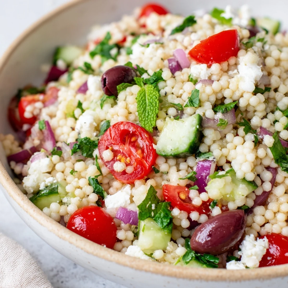 A vibrant Mediterranean Couscous Salad served chilled in a white bowl, perfect for a refreshing lunch or sunny picnic.