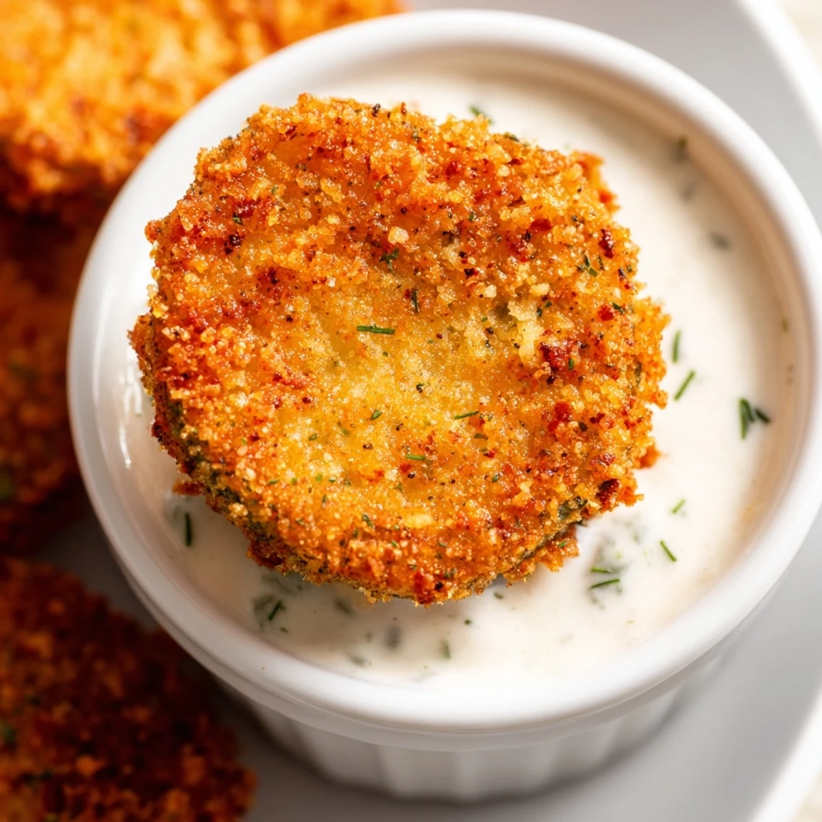 Golden-brown End Zone Fried Pickles with Ranch dip on a platter, garnished with fresh chives and dill for a tangy, crunchy appetizer.  