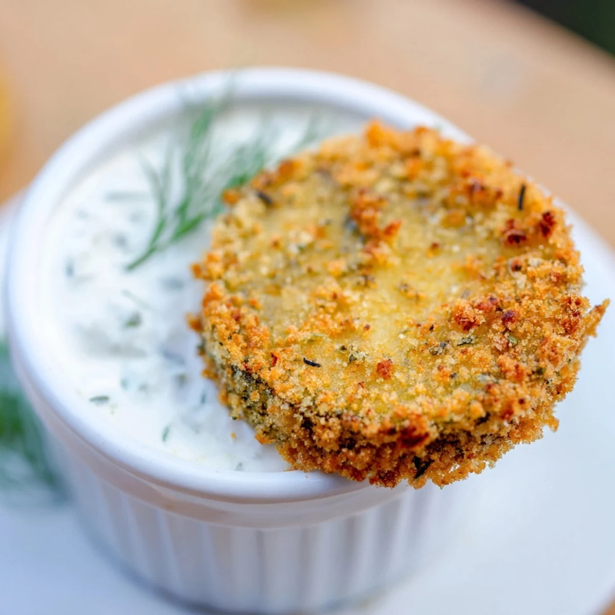 End Zone Fried Pickles with Ranch arranged on a wooden board, featuring golden panko crusts and creamy homemade ranch dip.
