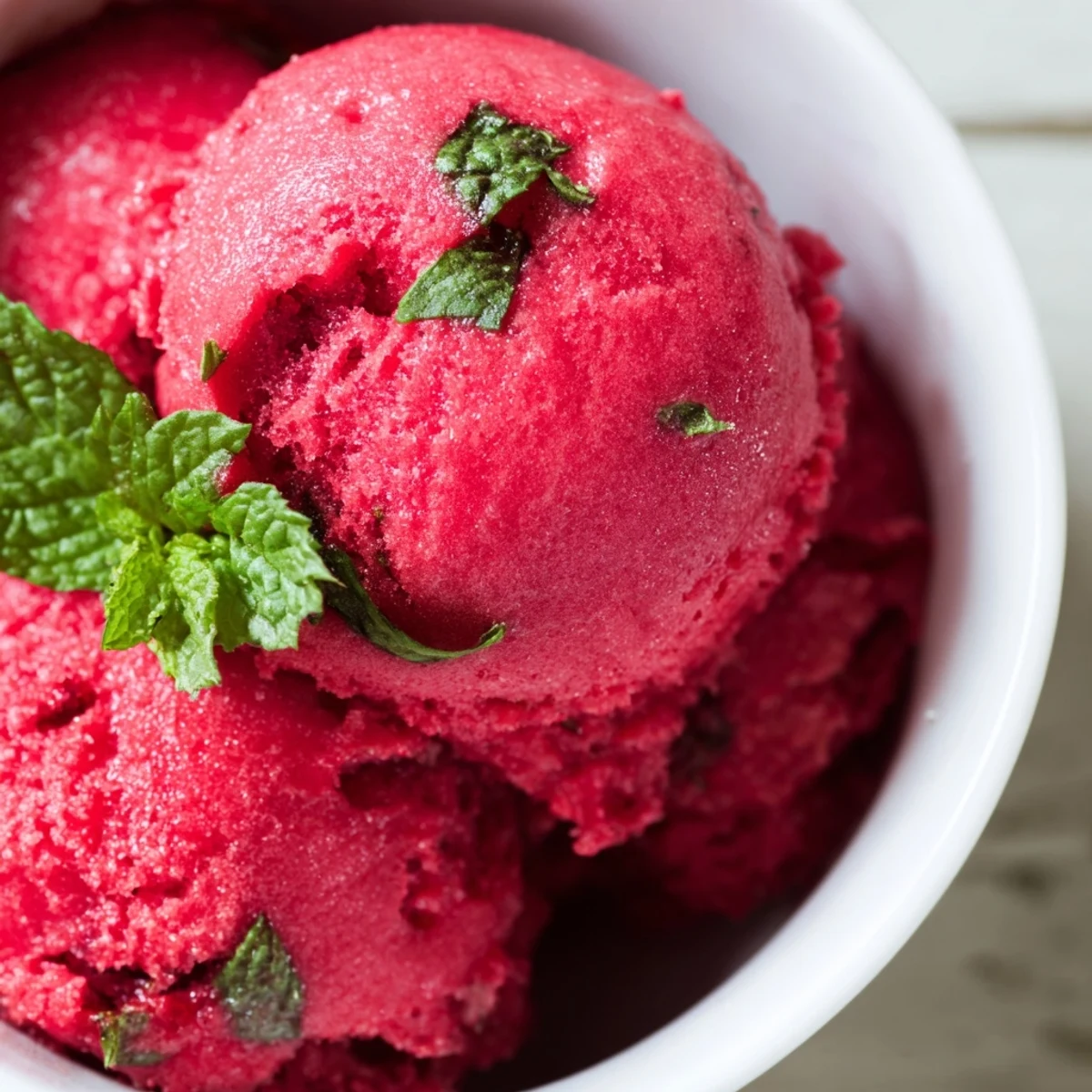 A clear bowl of homemade Raspberry Sorbet with Fresh Mint shows its bright pink hue and tiny mint flecks, garnished with a fresh sprig for summer serving.