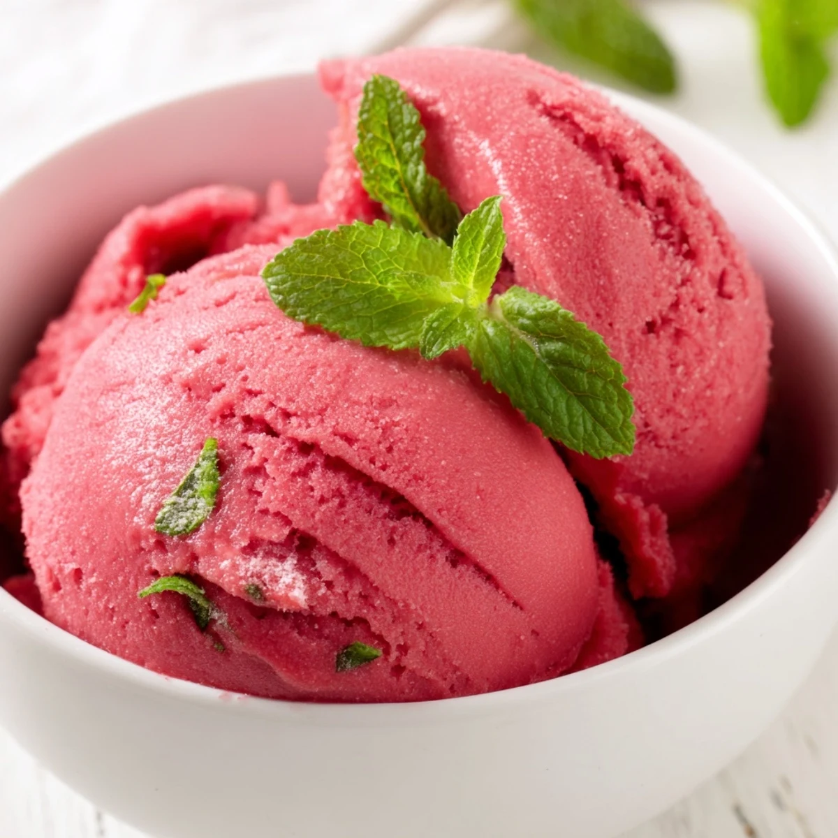 In a white ceramic dish, Raspberry Sorbet with Fresh Mint scoops hold their shape, glistening with juice while a sprig of mint adds a cooling aroma.