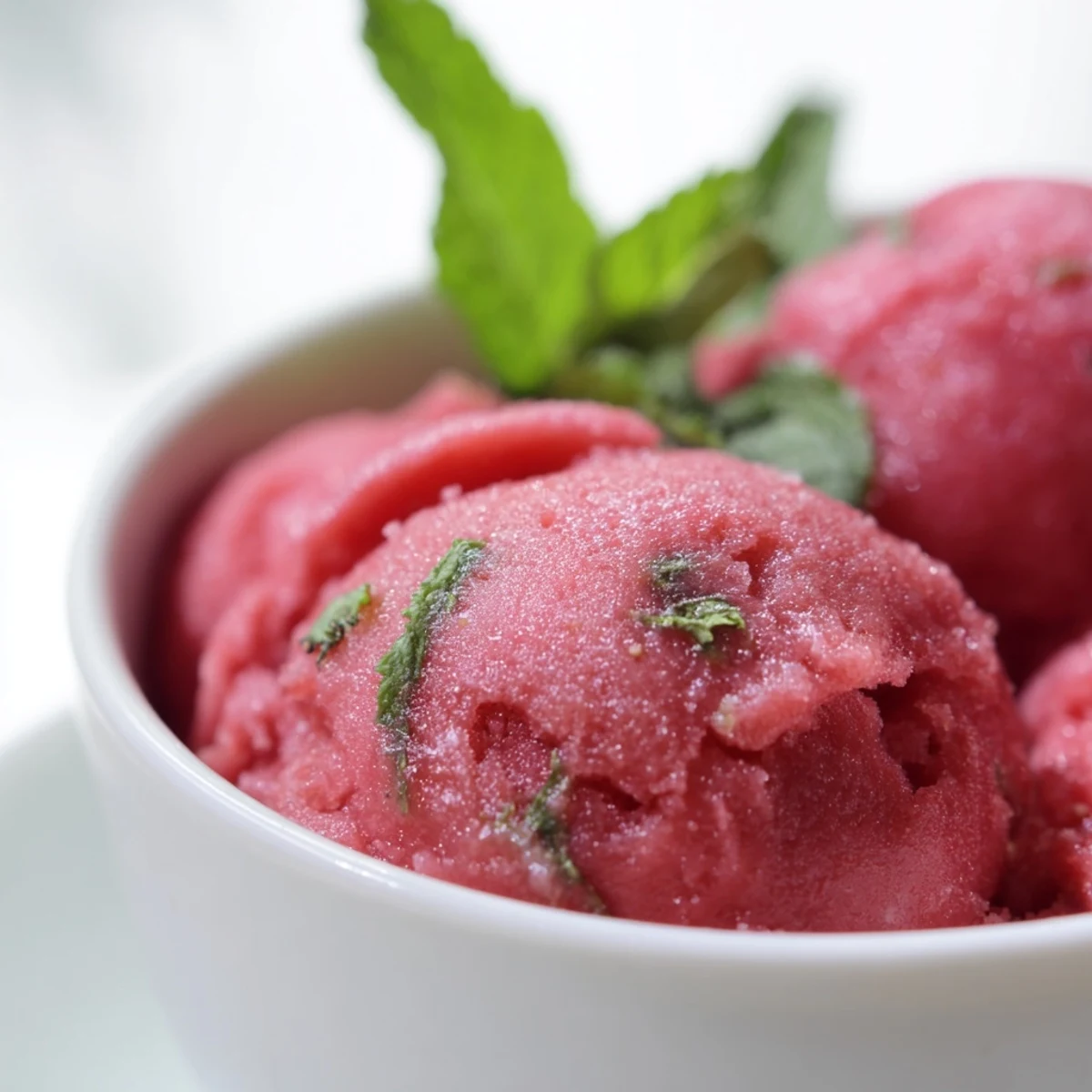 Close-up on Raspberry Sorbet with Fresh Mint reveals a smooth, seed-free texture, spoon marks, and a bright, refreshing color that signals a perfect, dairy-free dessert.