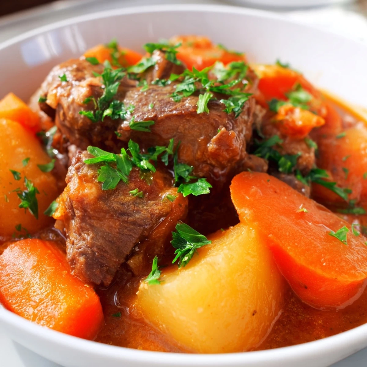 A comforting bowl of Traditional Irish Lamb Stew, packed with tender lamb chunks and chunky root vegetables in a rich, savory broth.