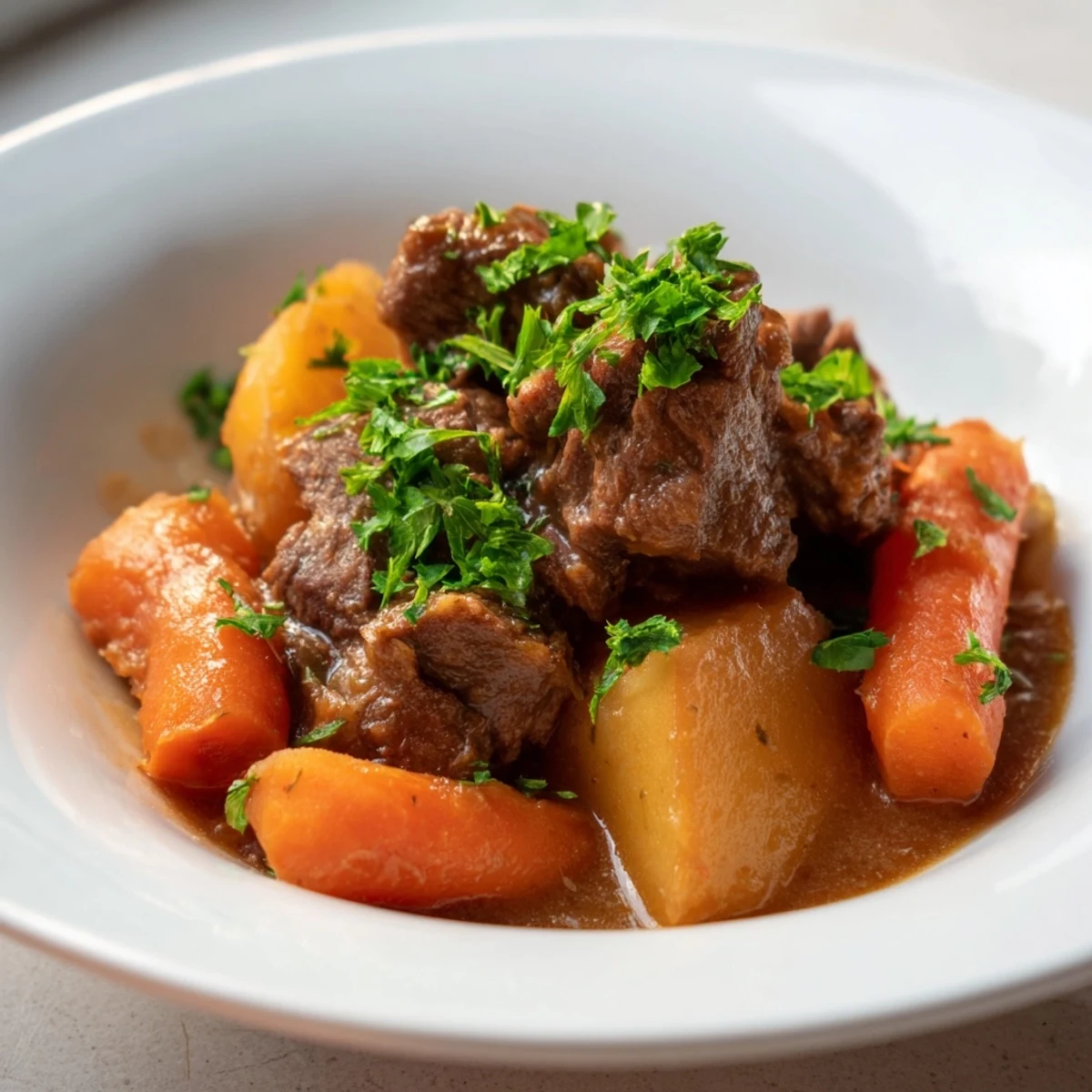 Steaming Traditional Irish Lamb Stew featuring carrots, potatoes, and parsnips, offering a rustic, warming meal perfect for chilly evenings.