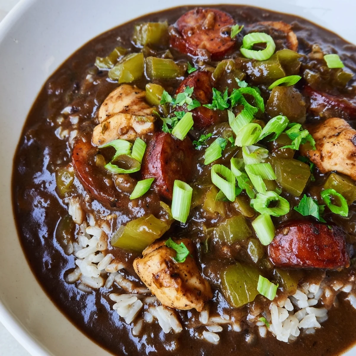 A steaming bowl of Chicken Andouille Sausage Gumbo garnished with fresh parsley, served over fluffy white rice.