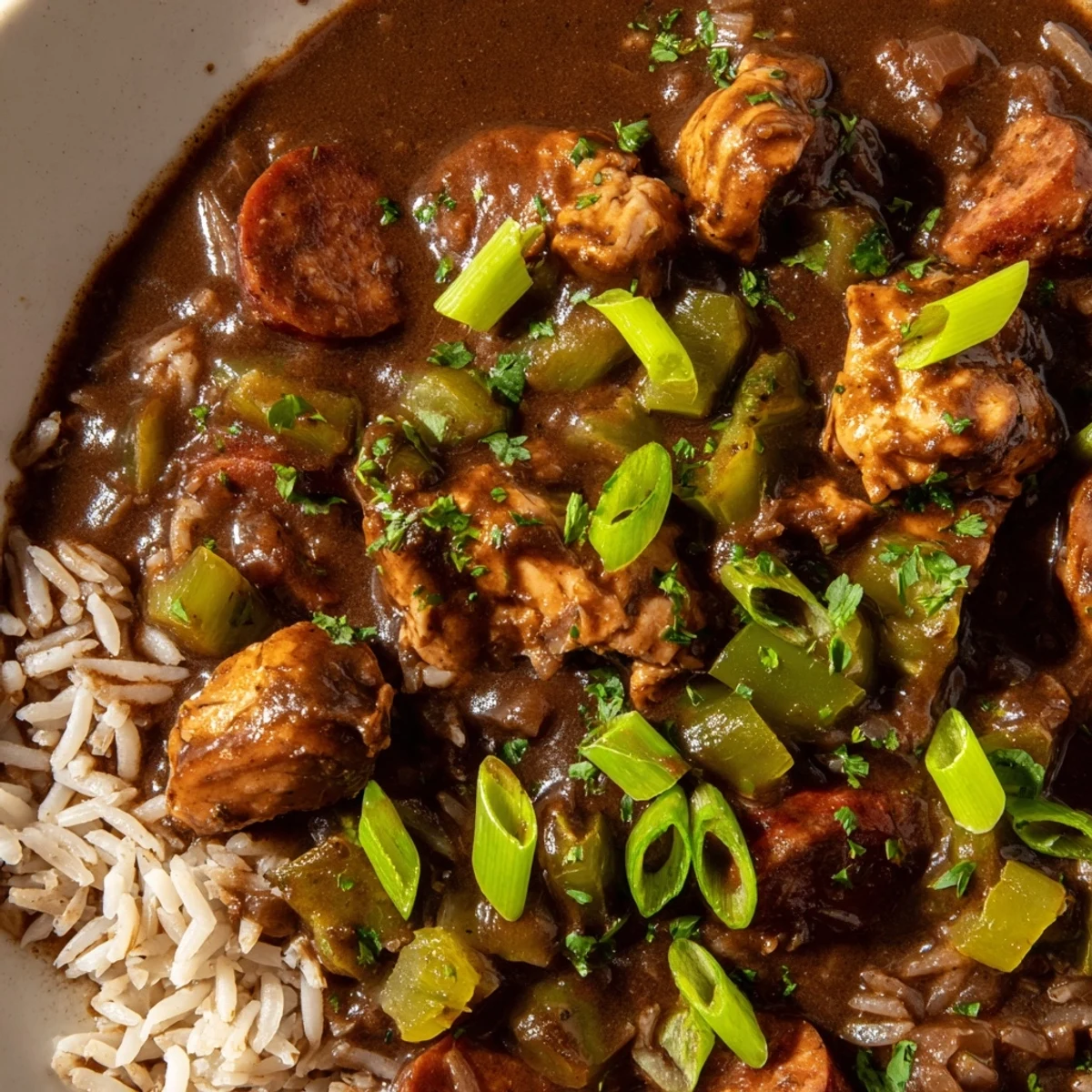 Golden-brown roux-based Chicken Andouille Sausage Gumbo simmering with tender chicken thighs and sliced halal andouille sausage.
