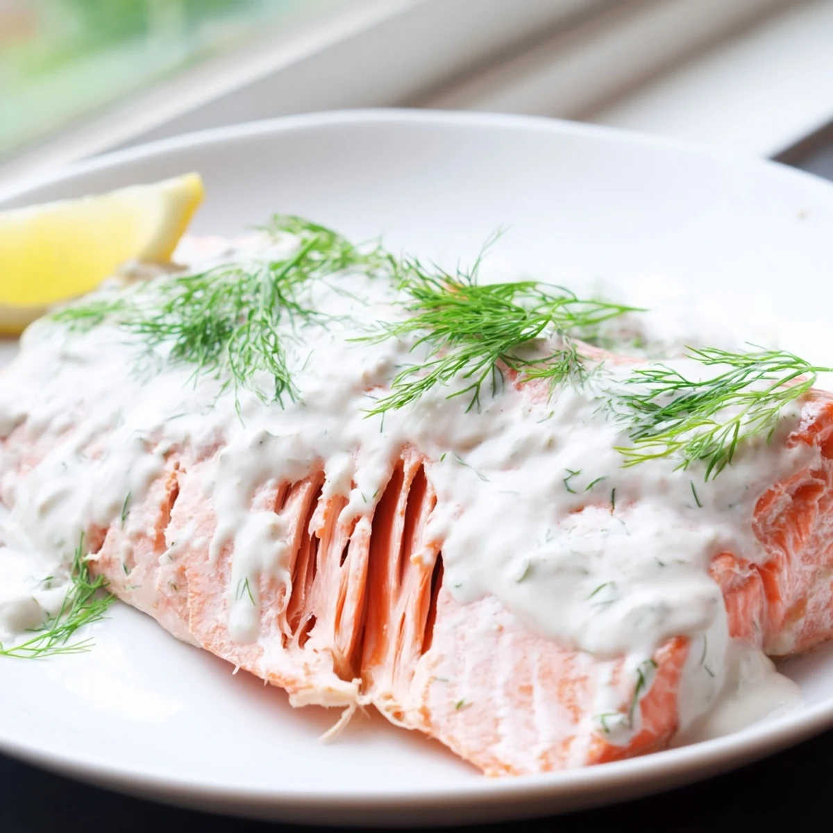 Flaky, oven-baked salmon fillet topped with creamy dill sauce, garnished with fresh lemon slices.