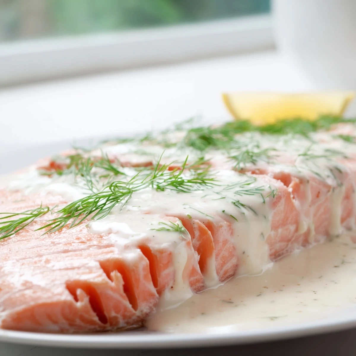 Tender, perfectly cooked salmon with a dollop of refreshing dill sauce and fresh herbs.