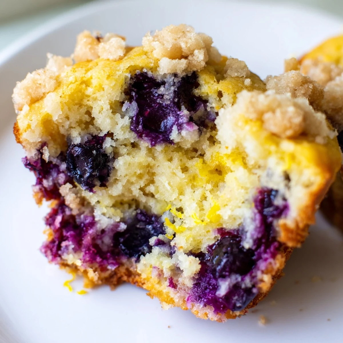 A close-up of warm Lemon Blueberry Muffins with Streusel reveals juicy berries and a crumbly sugar topping.