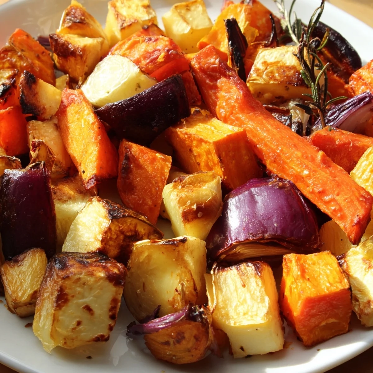 Golden roasted root vegetables, including carrots, parsnips, and sweet potatoes, seasoned with thyme and rosemary on a baking sheet.  